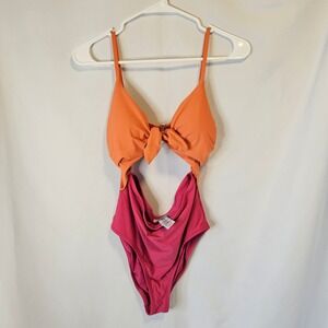 ModCloth Cutout Monokini Swimsuit Medium Orange Pink Retro Colorblock